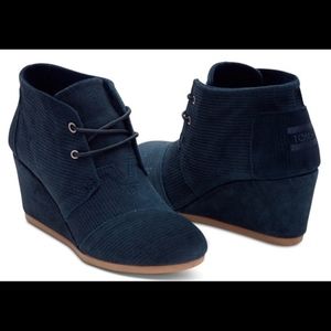 TOMS Navy Suede Corduroy Desert Wedge Booties